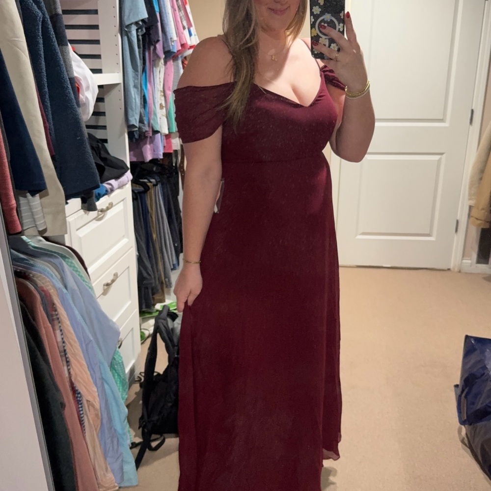 Birdy Grey Off-Shoulder Maxi Dress in Cabernet